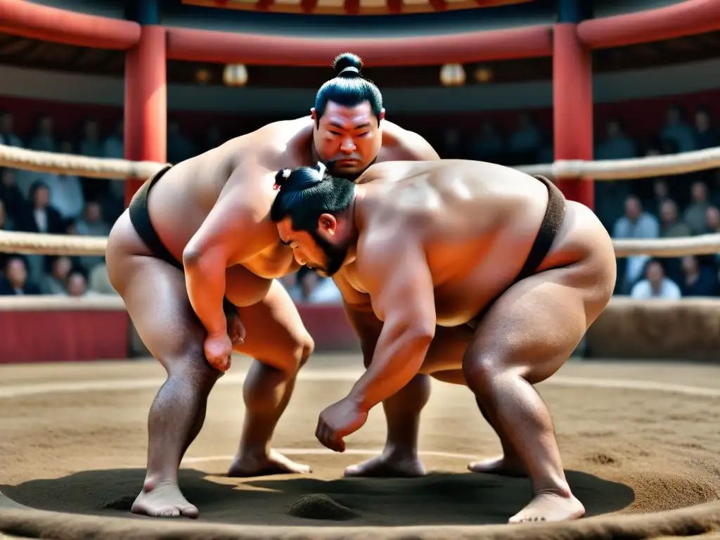 Dos luchadores de sumo se enfrentan con intensidad en el sagrado dohyo, mostrando la historia y tradición de este antiguo deporte