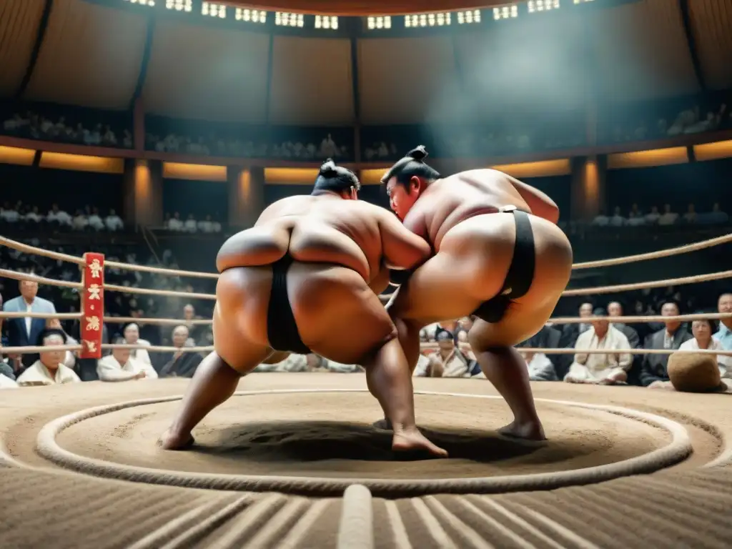 Dos luchadores de sumo se enfrentan en un intenso combate en el dohyo, mientras la audiencia observa con emoción y respeto