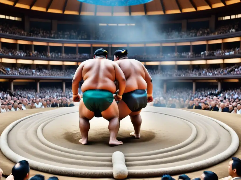 Dos luchadores de sumo en un intenso combate en el dohyo, rodeados de una multitud hipnotizada