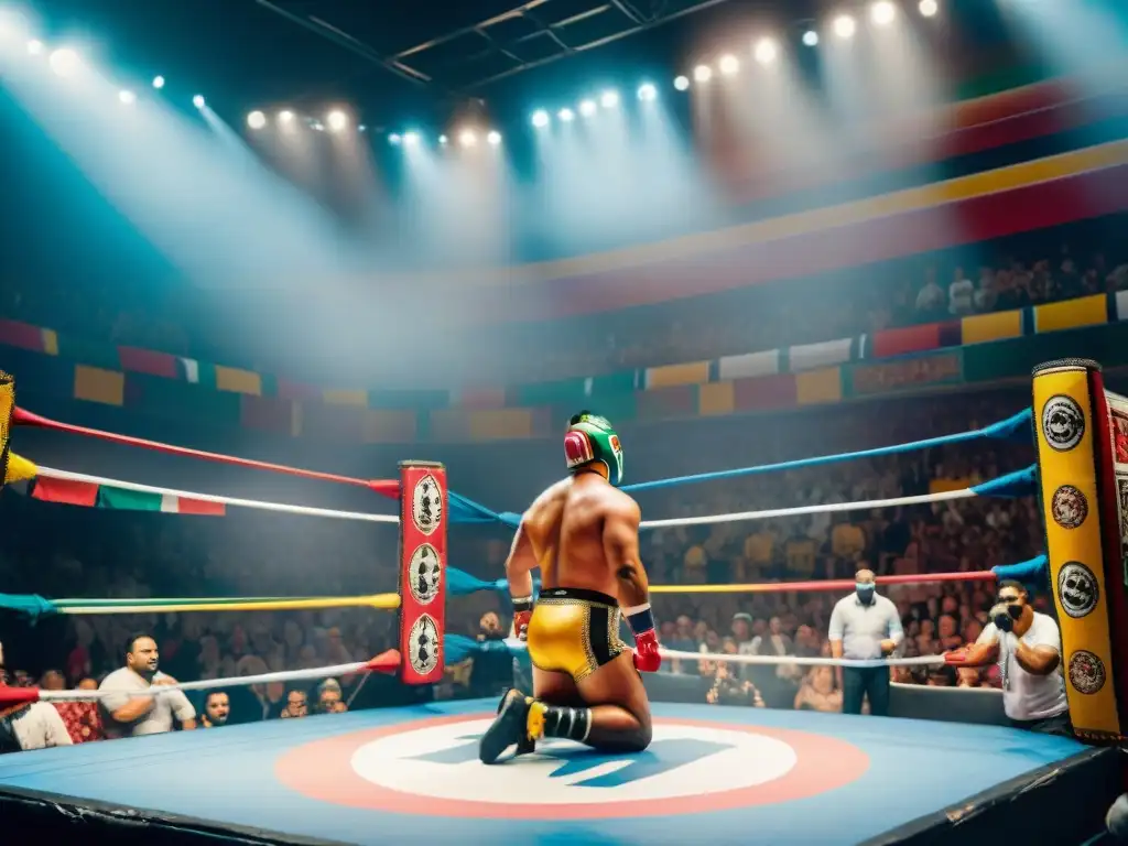 Dos luchadores en vibrante arena de Lucha Libre, rodeados de máscaras y cultura, reflejan la historia y tradición de este deporte mexicano