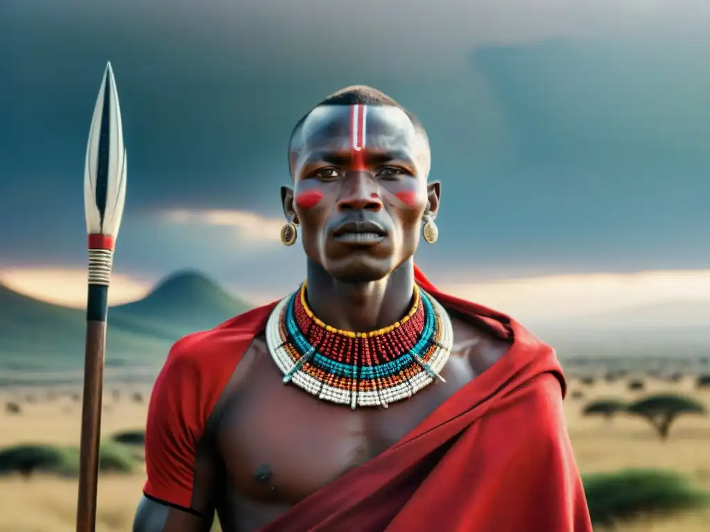 Maasai guerrero orgulloso en las llanuras de Serengeti, destacando evolución juegos supervivencia culturas mundo