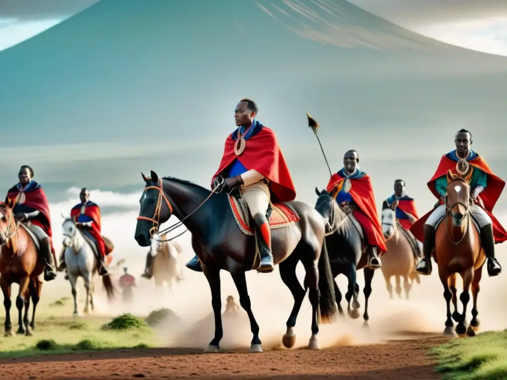 Maasai guerreros montando a caballo en la sabana africana con el Kilimanjaro de fondo, destacando los Deportes ecuestres tradicionales África moderna