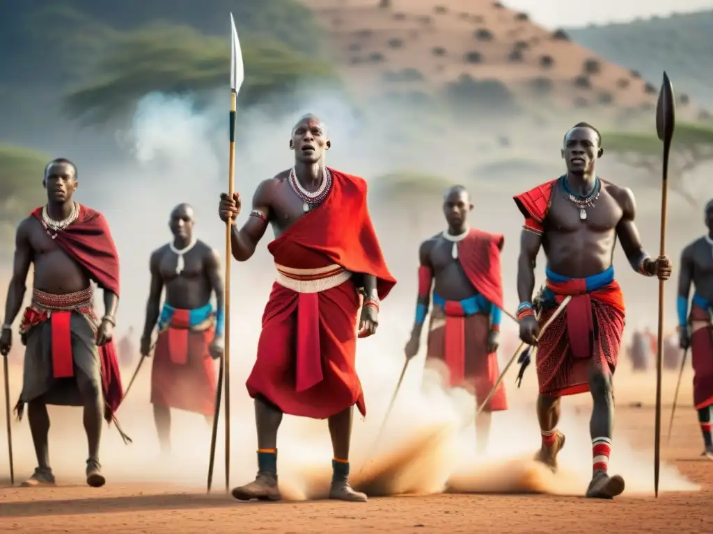 Maasai guerreros compiten en juegos de supervivencia tradicionales en África, lanzando lanzas bajo el sol africano