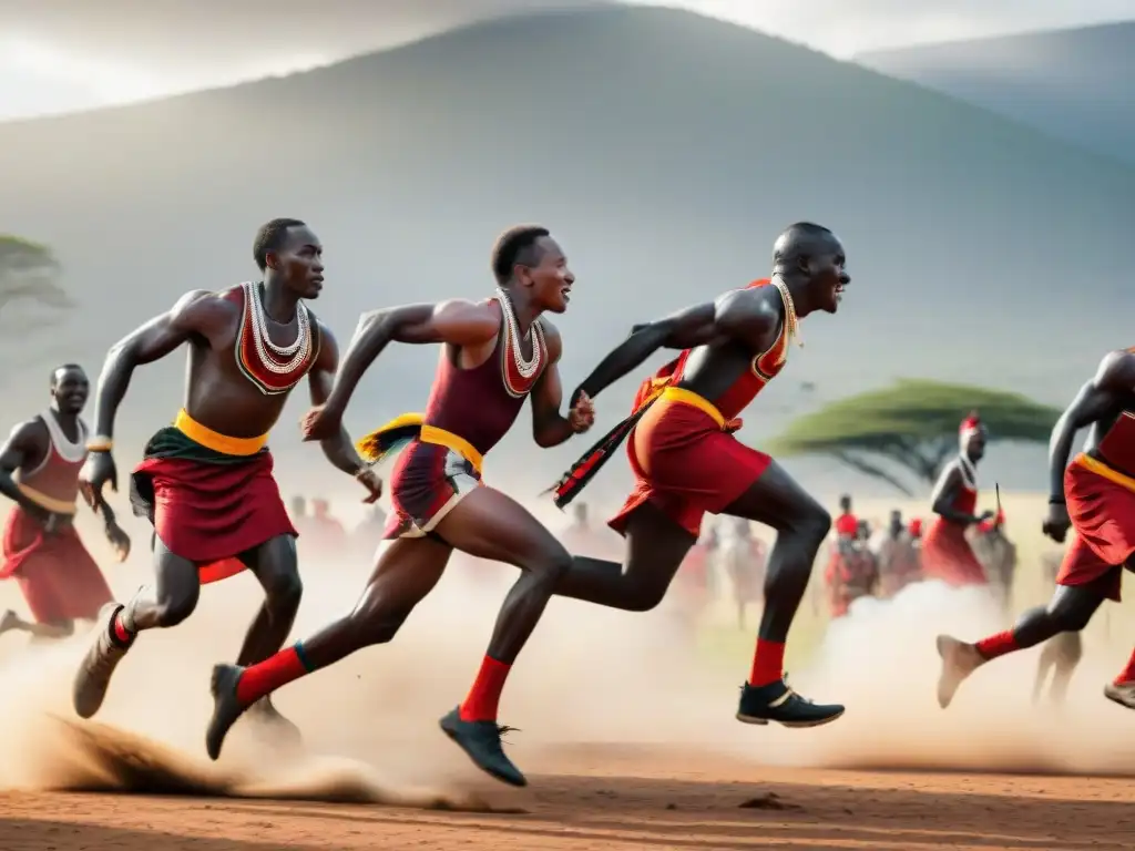 Maasai guerreros compiten en salto alto, mostrando su destreza en deportes tradicionales africanos