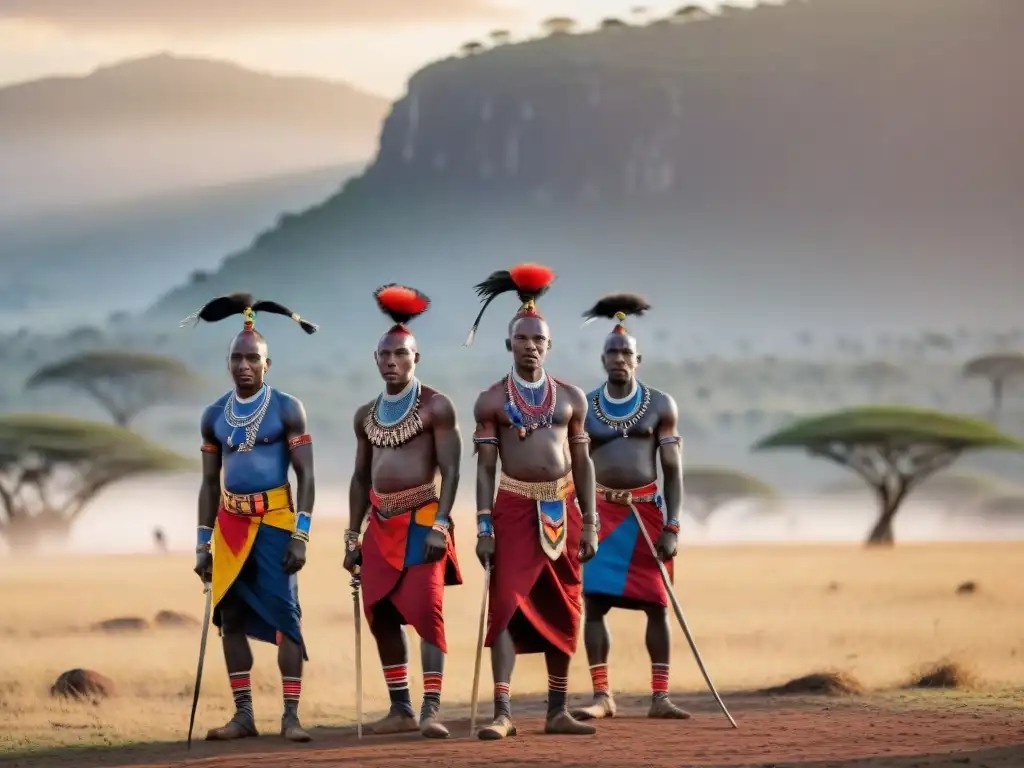 Maasai warriors compitiendo en Juegos de lanzamiento en África con precisión y determinación en la vasta sabana al atardecer