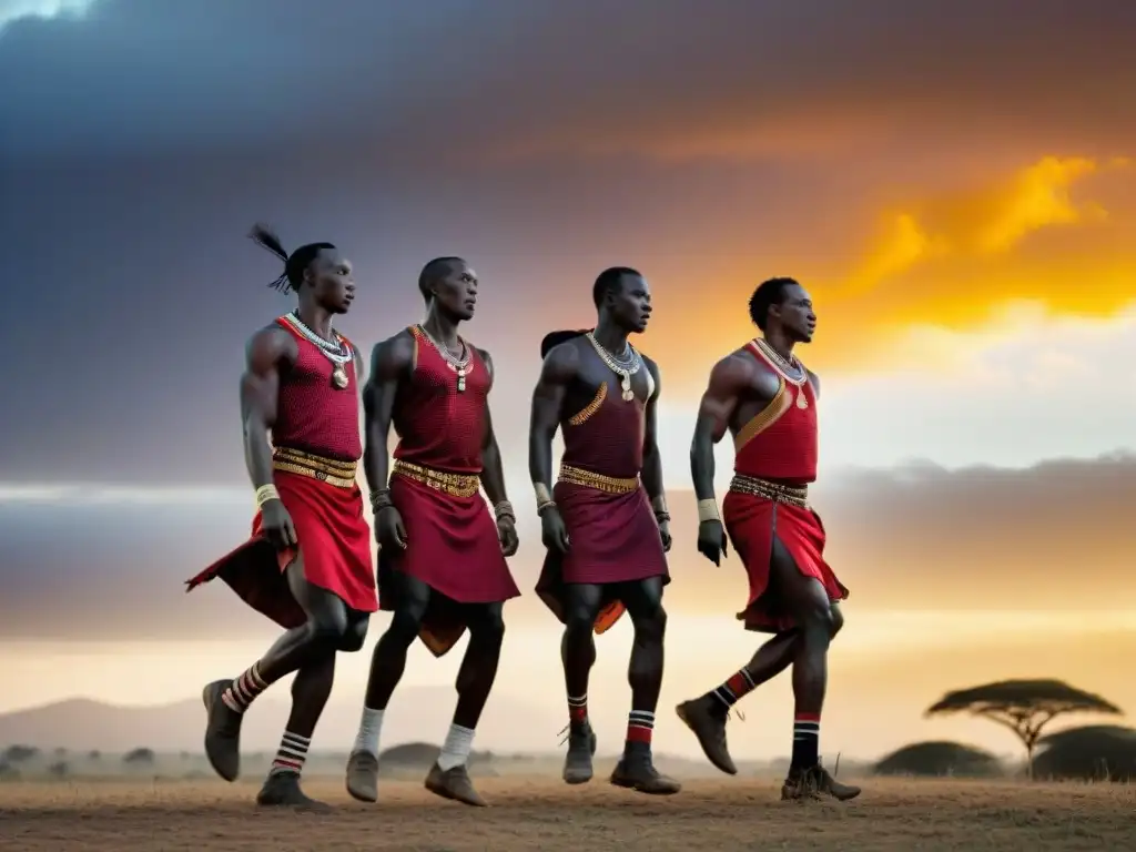 Maasai warriors compiten en salto alto al atardecer, destacando la cultura y agilidad en Deportes tradicionales africanos historia evolución