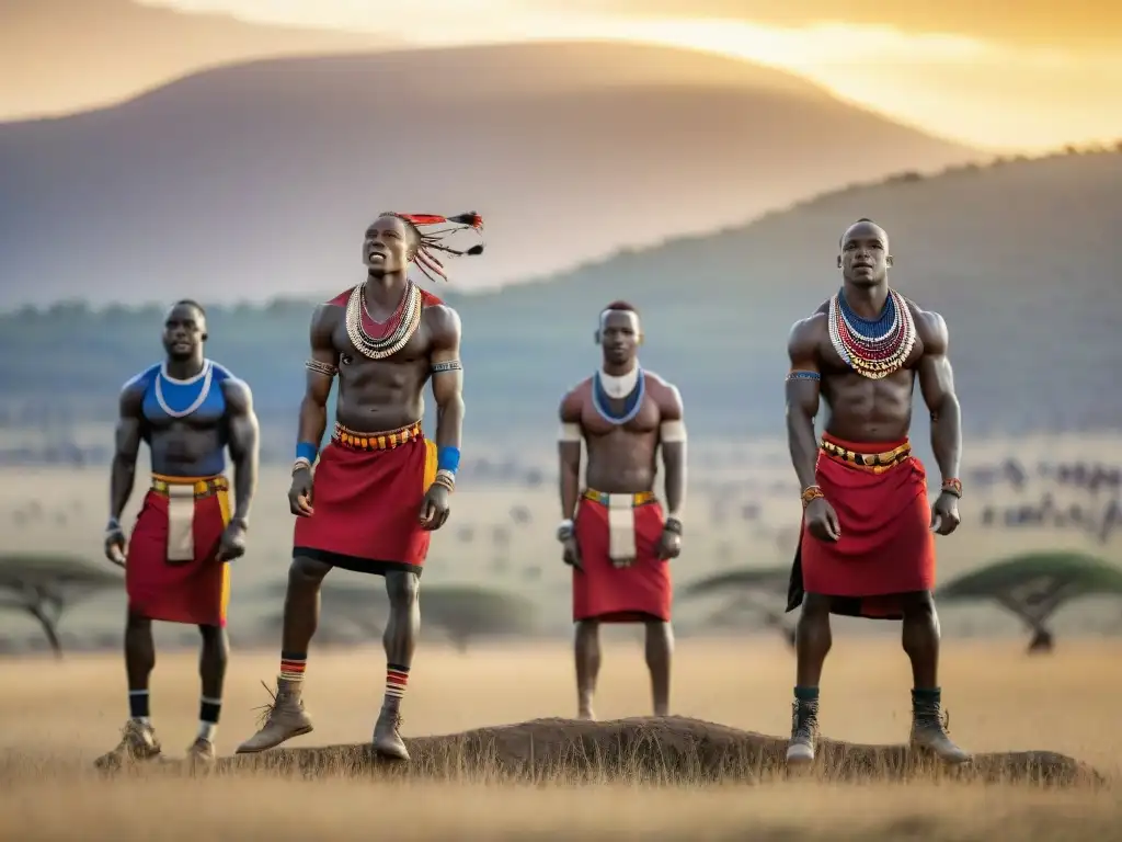 Maasai warriors realizando salto alto en la llanura del Serengeti al atardecer, mostrando la herencia cultural africana y la destreza física