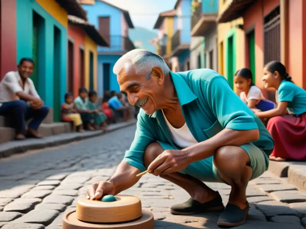 Maestro artesano creando trompo de madera rodeado de niños en una animada calle de Latinoamérica