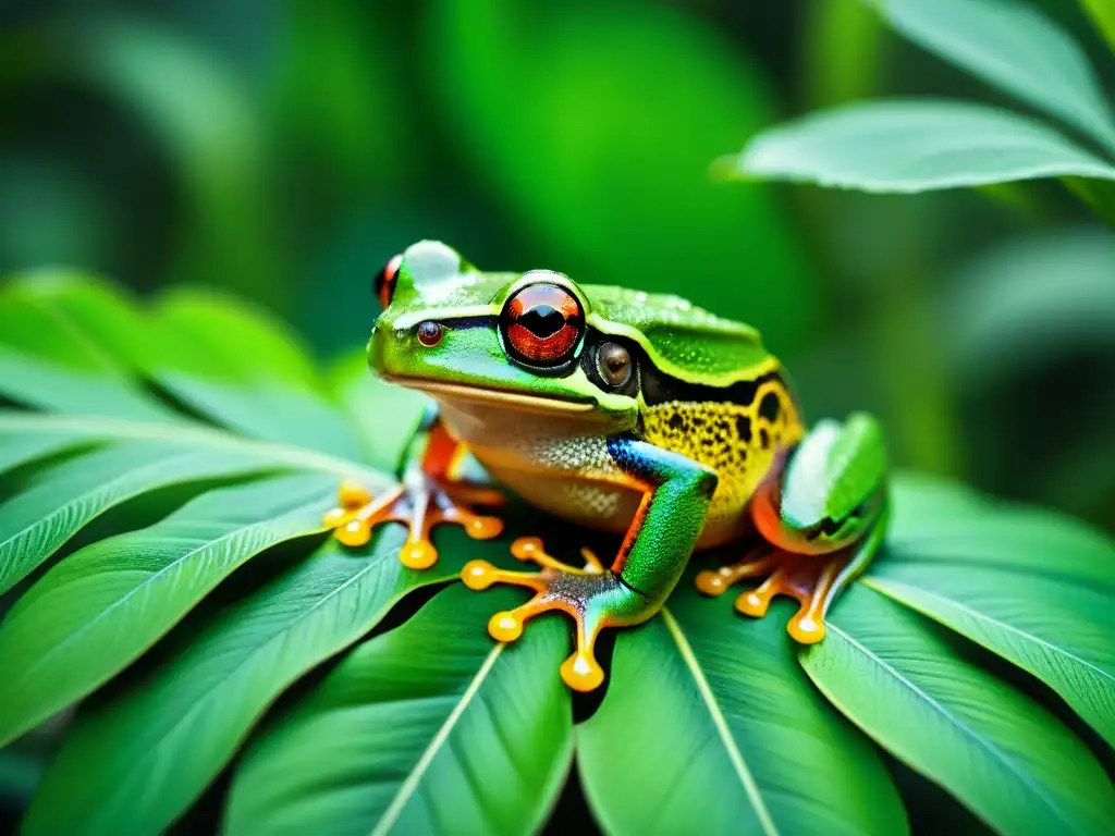 Un maestro del camuflaje: rana verde entre hojas tropicales