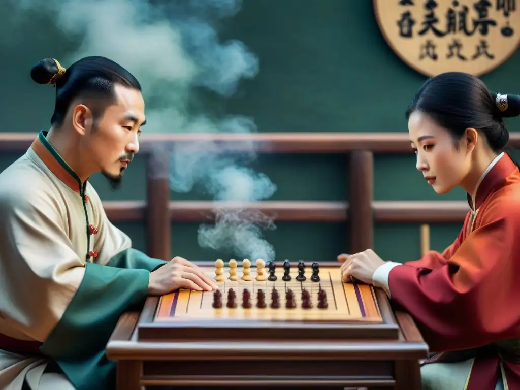 Dos maestros de Xiangqi inmersos en una intensa partida, rodeados de espectadores