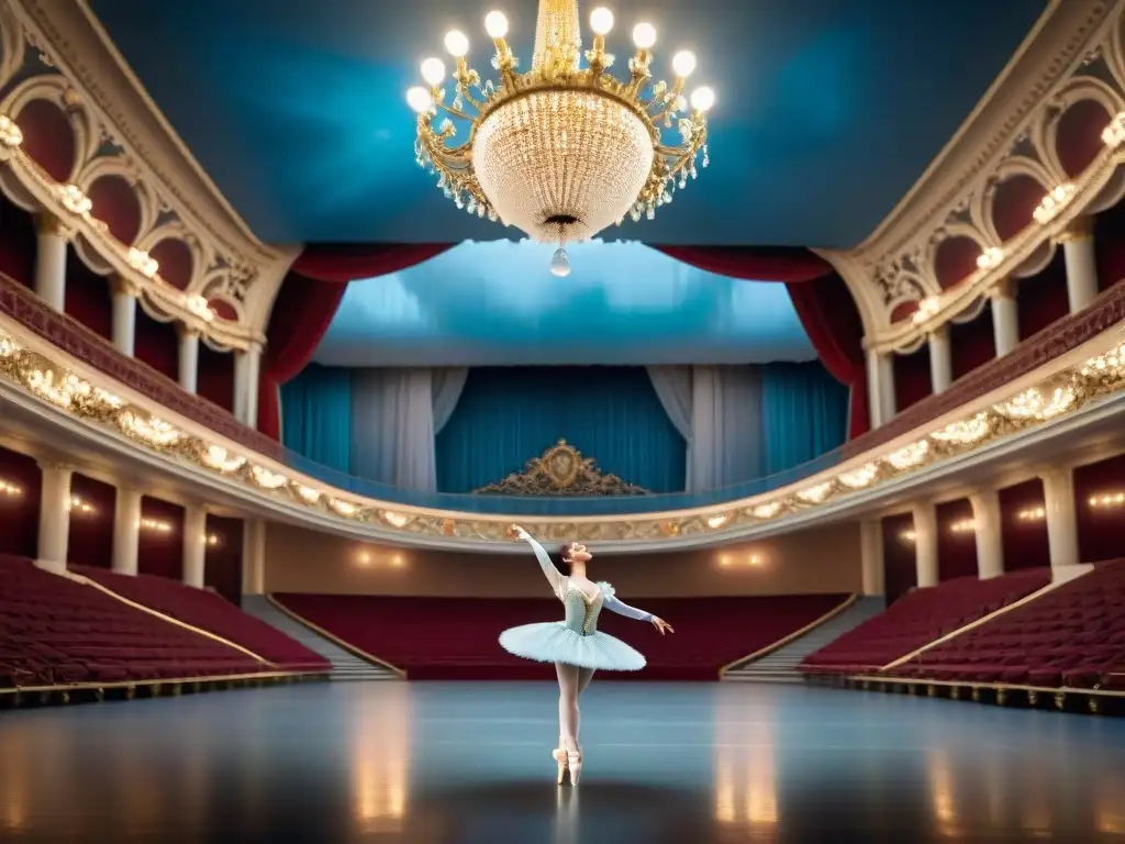 Magia del ballet en el Teatro Bolshoi de Moscú: danzantes en trajes elegantes, luces suaves y público admirando desde sus asientos de terciopelo