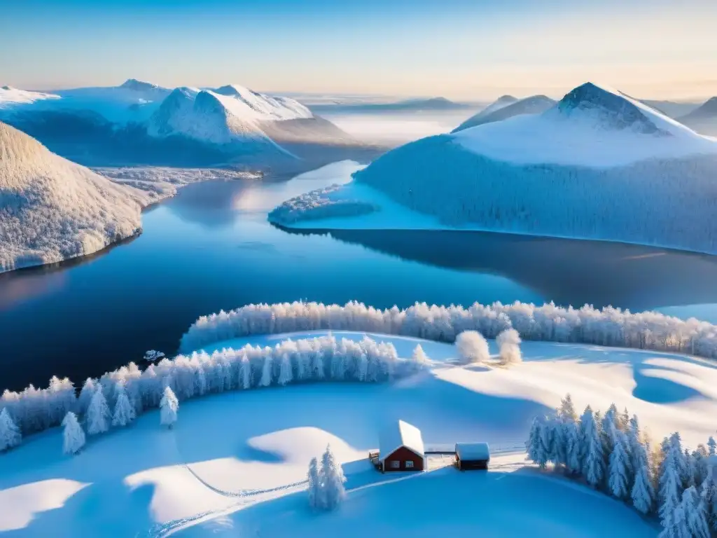 Magia invernal: paisaje nórdico con bosques nevados, lagos congelados y casas de madera bajo la nieve