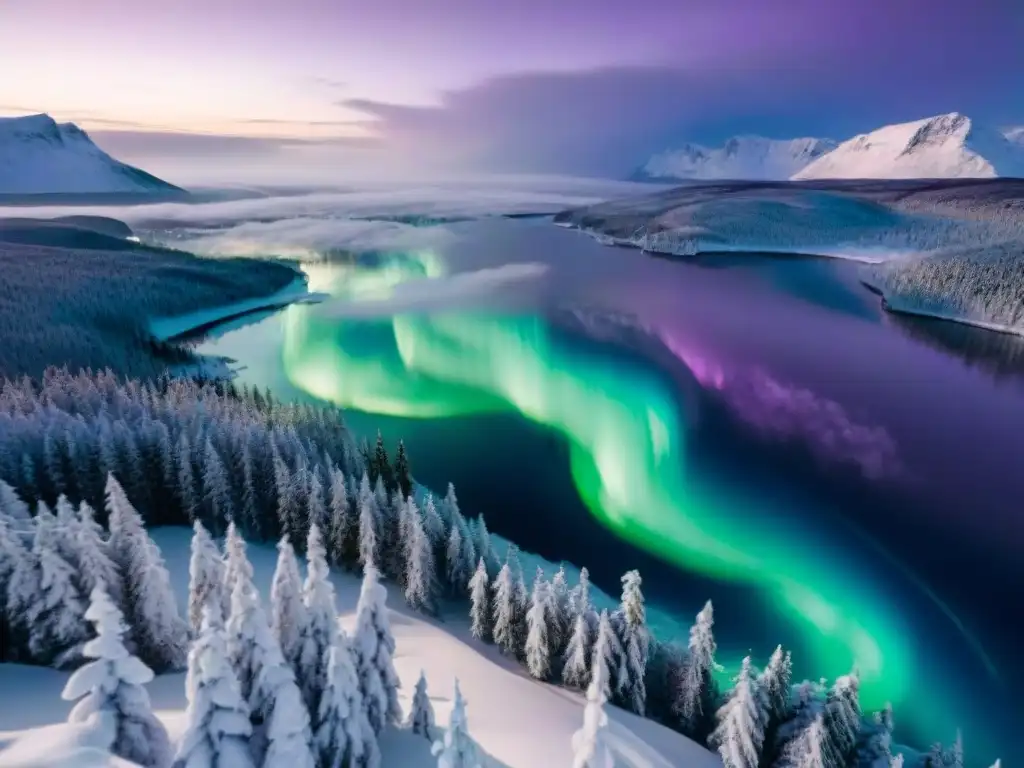 Mágica aurora boreal iluminando un bosque nevado en la cultura nórdica