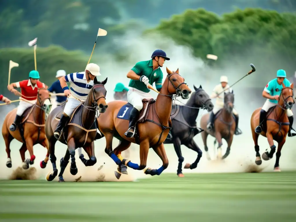 Polo: Elegancia y Competencia en Campo Verde Una fotografía majestuosa en blanco y negro de jugadores de polo en acción en un campo verde, capturando la intensidad y elegancia del deporte
