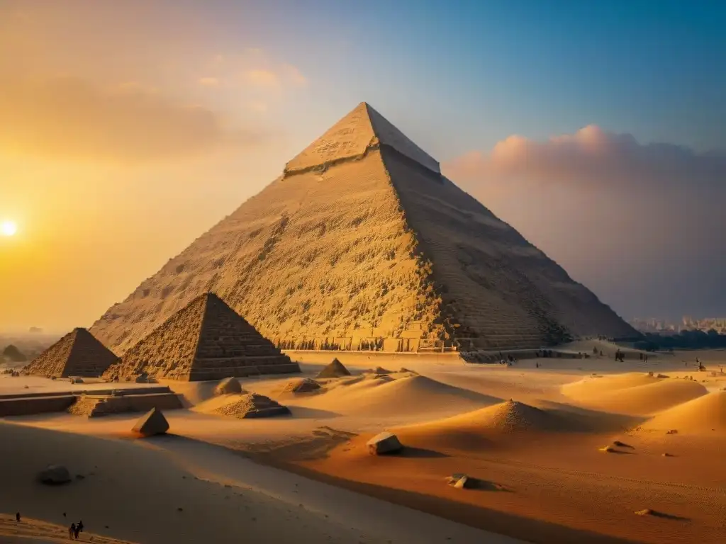 Majestuosa Gran Pirámide de Giza iluminada por el sol poniente, con jeroglíficos detallados y escala imponente