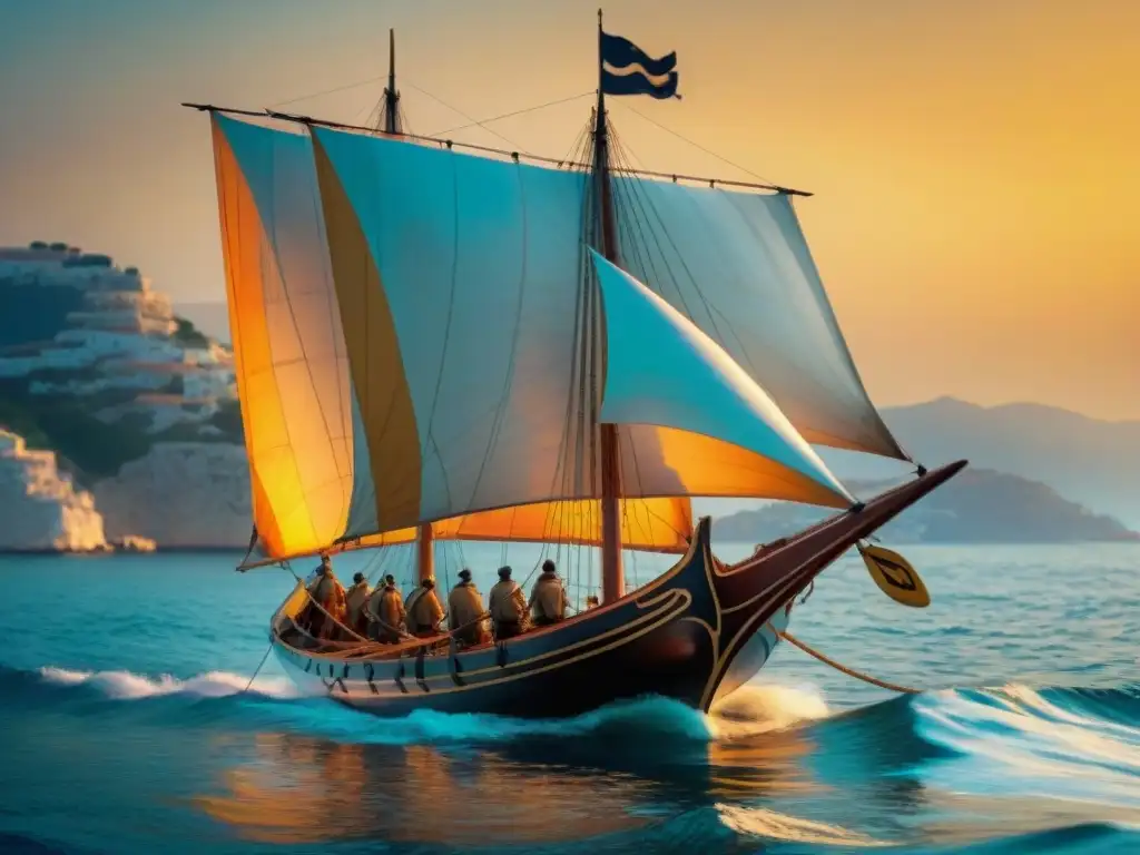 Majestuosa trireme griega en el mar Mediterráneo al atardecer, resalta la historia y evolución de las culturas marítimas