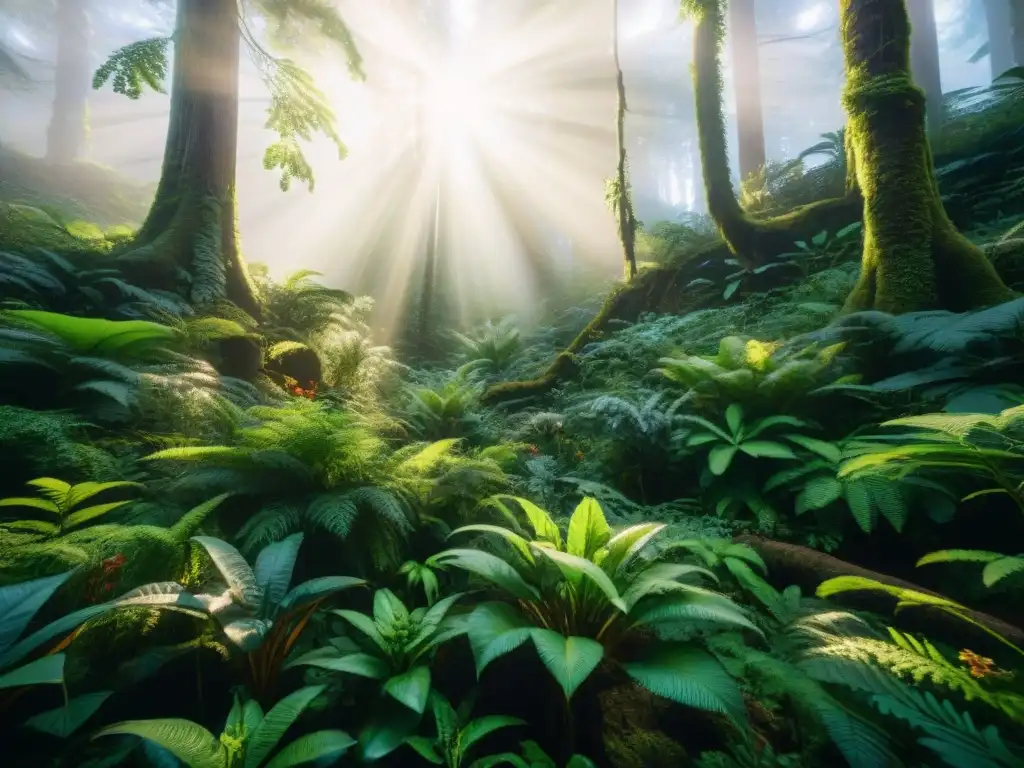 Majestuosa selva verde con biodiversidad vibrante, resaltando la interconexión de la naturaleza