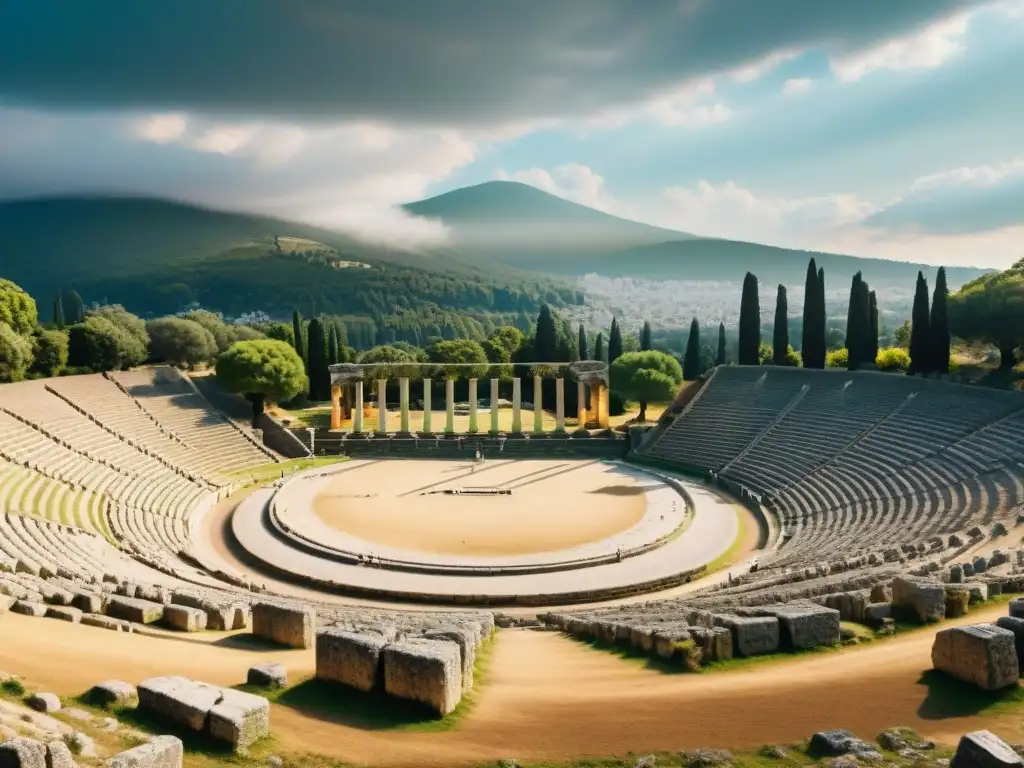 Explora la majestuosidad de las ruinas del estadio de Olimpia en Grecia, con asientos de piedra y columnas antiguas