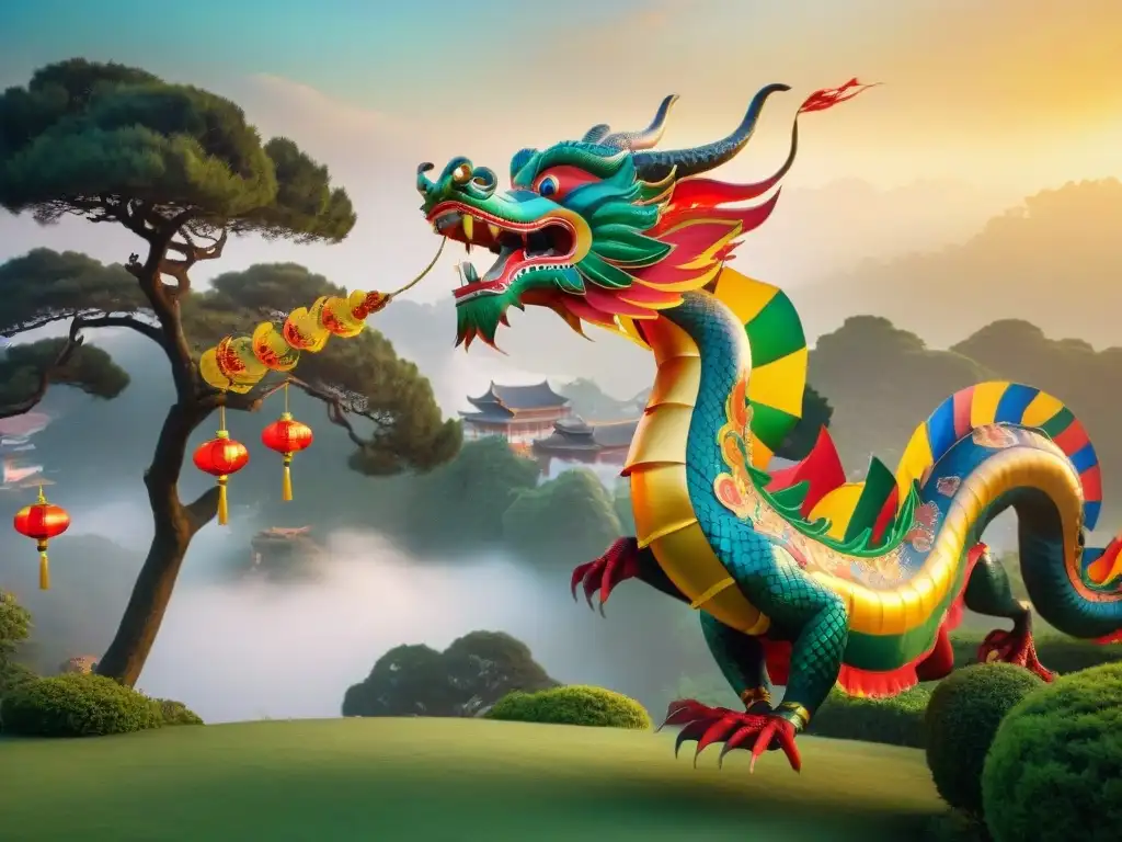 Un majestuoso y colorido dragón chino surcando el cielo en un parque rodeado de pagodas antiguas y faroles tradicionales, en un atardecer dorado