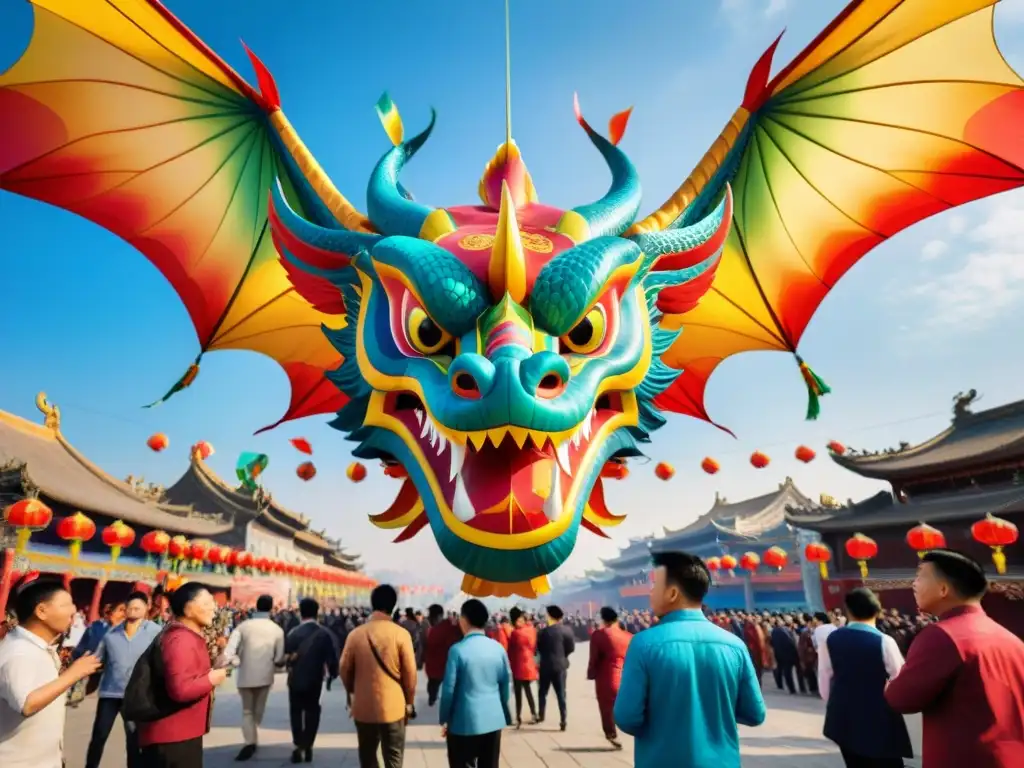 Un majestuoso festival de cometas en Weifang, China, con un colorido dragón volando en el cielo