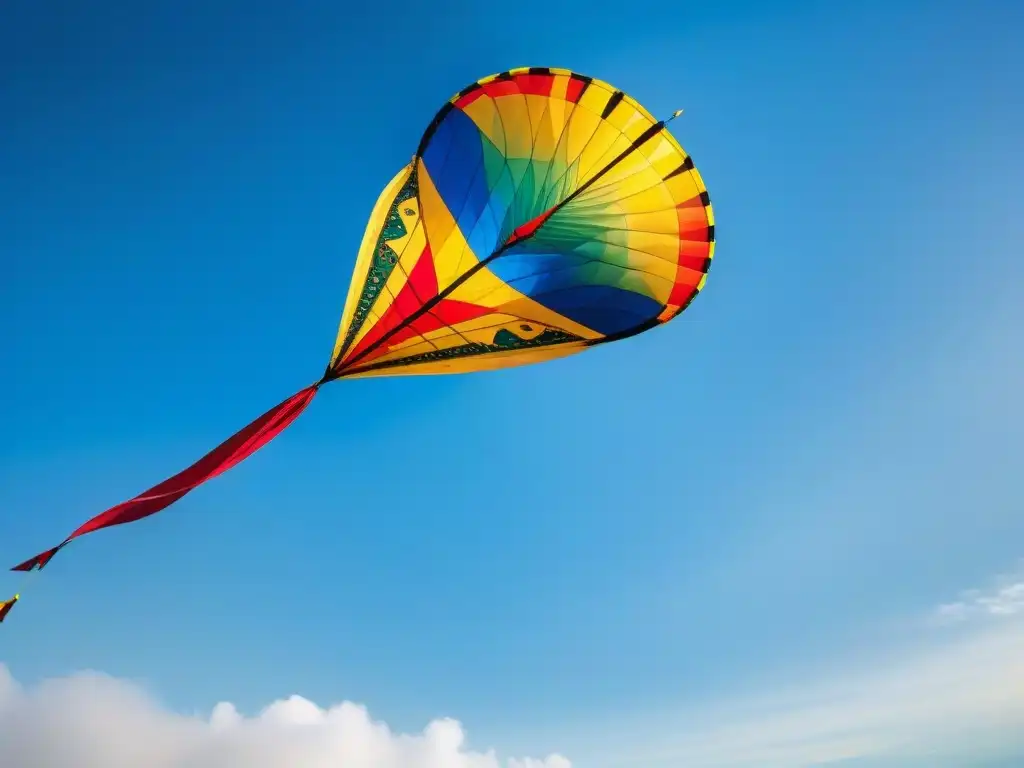 Un majestuoso wau kite compitiendo en Asia, destacando sus intrincados diseños y colores vibrantes en el cielo azul