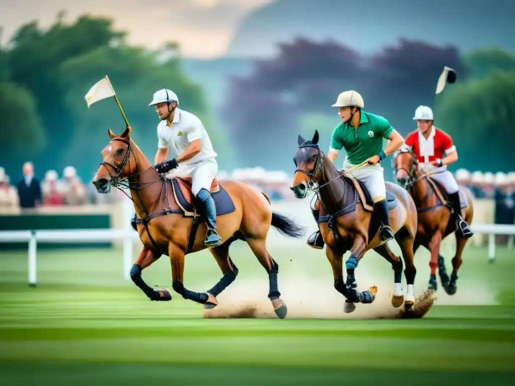 Un majestuoso partido de polo en un campo verde inglés, con jugadores en elegante atuendo blanco y caballos, junto a una mansión