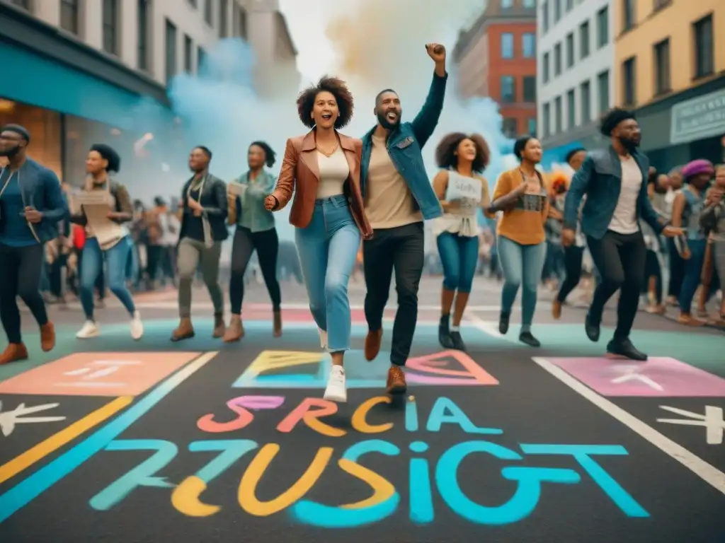 Manifestantes juegan en la calle con mensajes de protesta social y diversión en juegos de calle