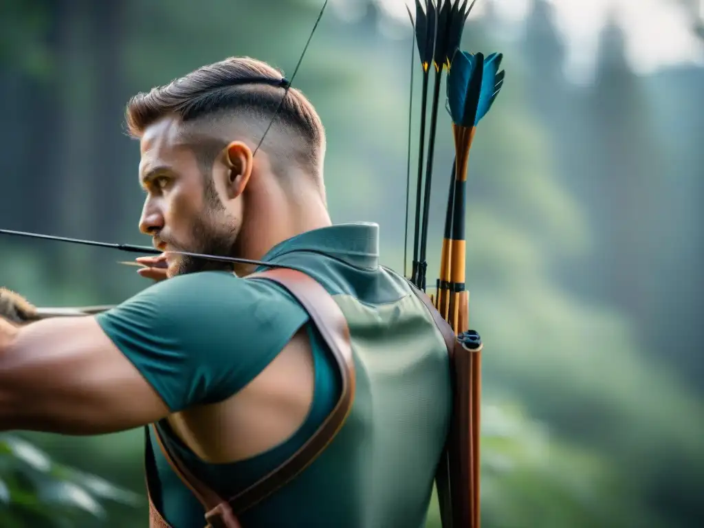 Mano de arquero profesional sacando una flecha de su carcaj en un bosque sereno, resaltando la importancia de accesorios en deportes