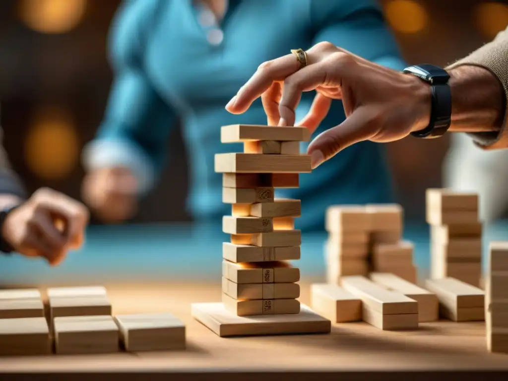 Jugador experto desafía la gravedad en emocionante partida de Jenga Mano en tensión retira bloque en crucial partida de Jenga