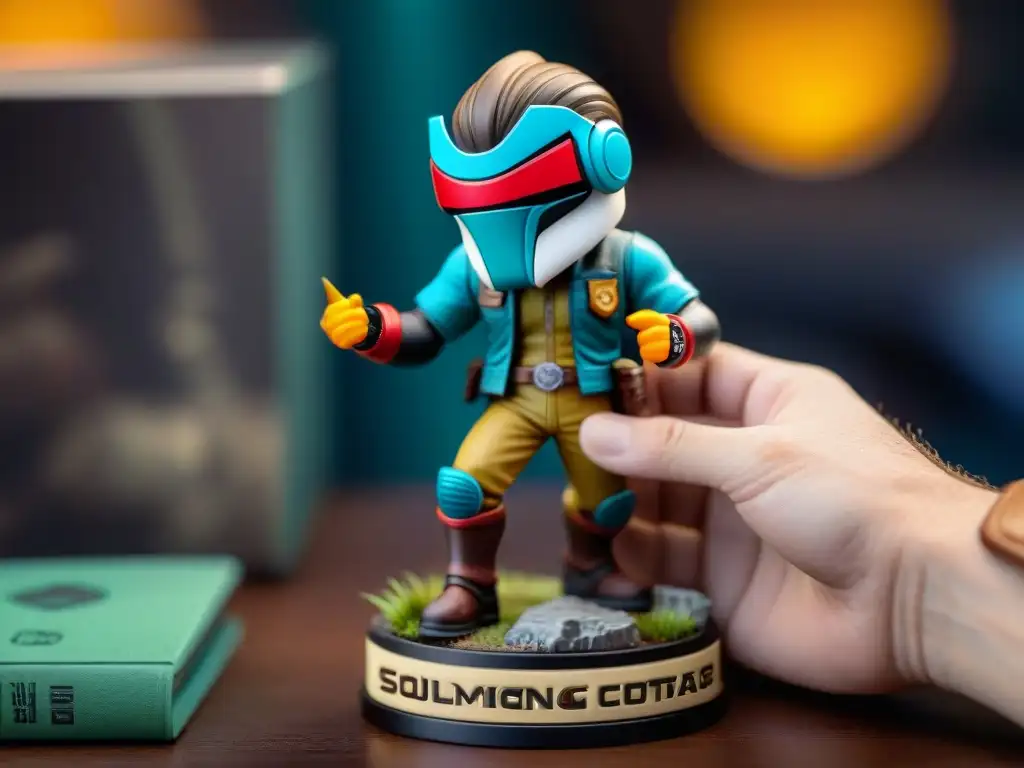 Mano de coleccionista sostiene figura rara ediciones limitadas gaming con emoción y reverencia