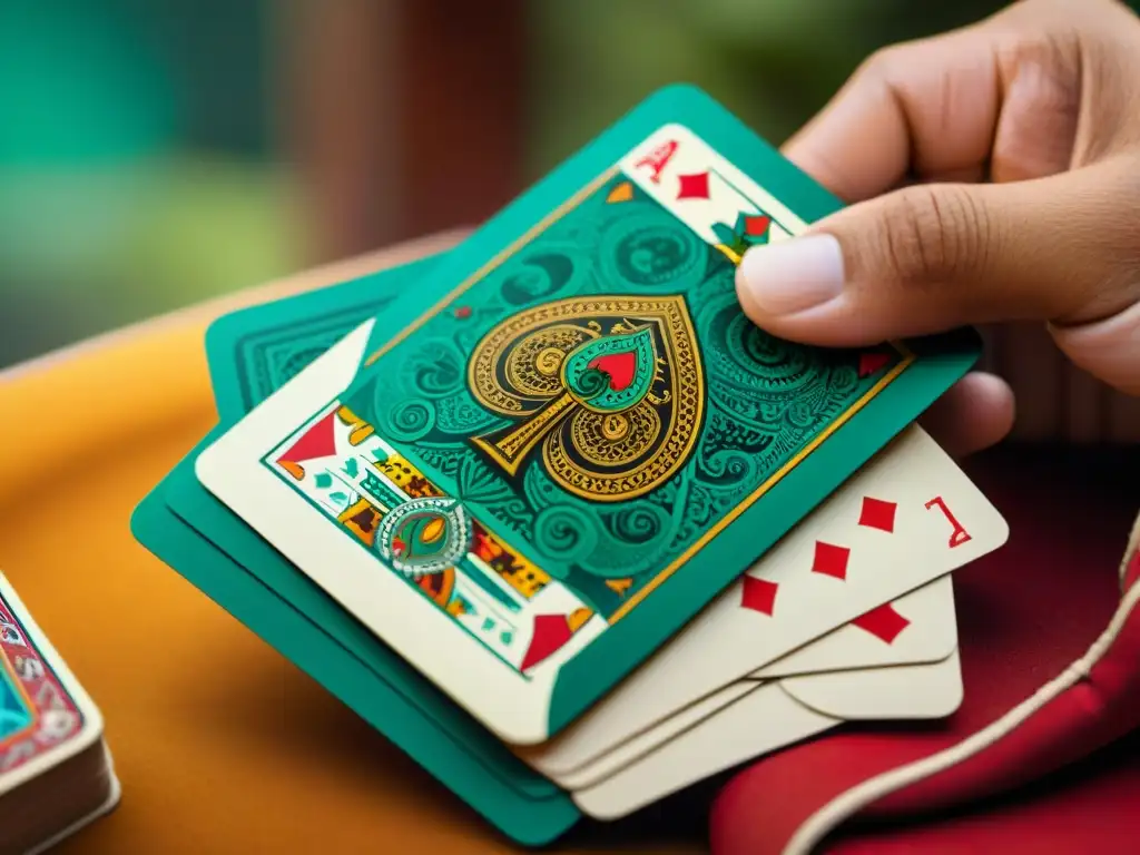 Una mano sostiene una colorida carta de juegos de cartas latinoamericanos, detallada y culturalmente rica