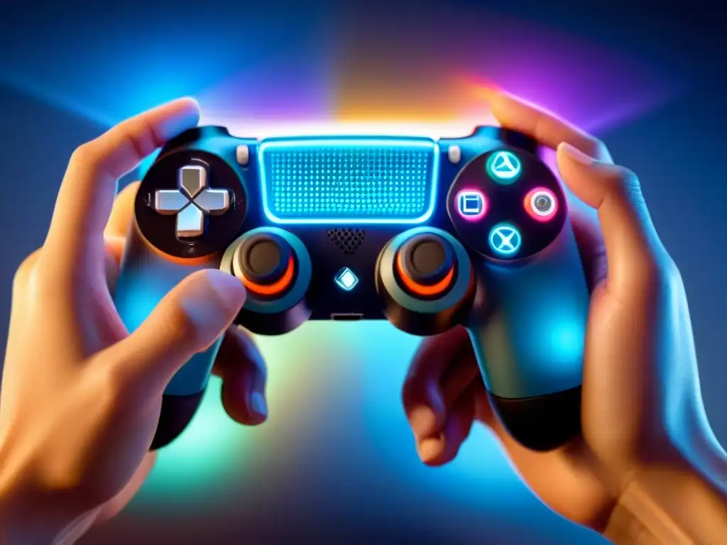 Mano en control de videojuegos, pulsando botones, tecnología háptica en videojuegos