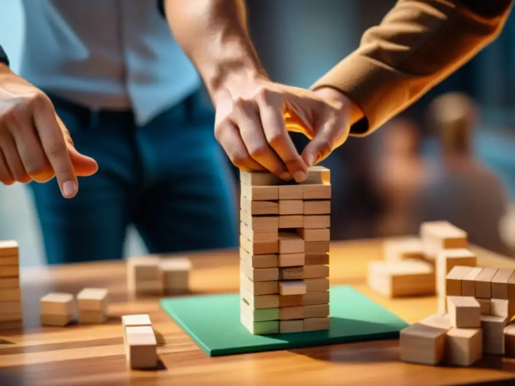 Extracción precisa en Jenga: Tensión y destreza Mano extrayendo con delicadeza un bloque Jenga, destacando la tensión y precisión del juego