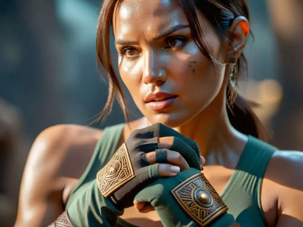 Mano enguantada de Lara Croft sostiene con cuidado un antiguo artefacto brillante, con detalles y aura mística