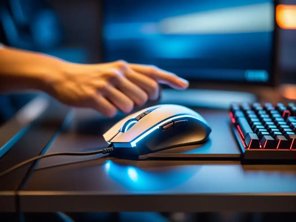 Mano de gamer sujeta ratón gaming con LED personalizables, rodeada de teclados programables en habitación tenue