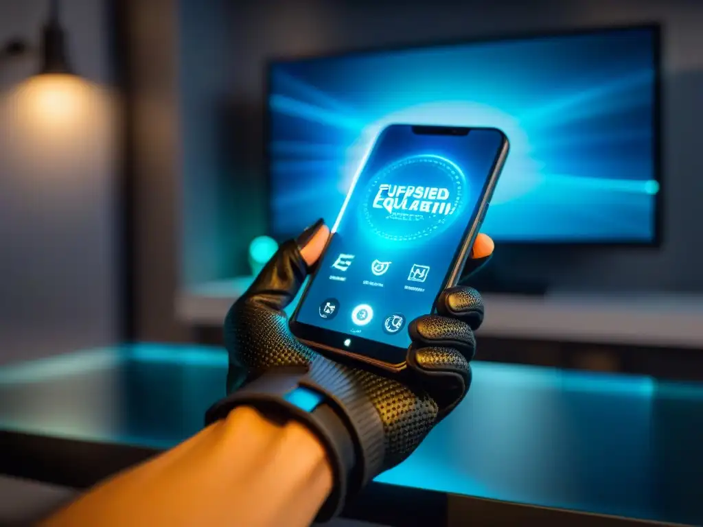 Mano con smartphone futurista y juego de realidad virtual, tendencias futuras software juegos