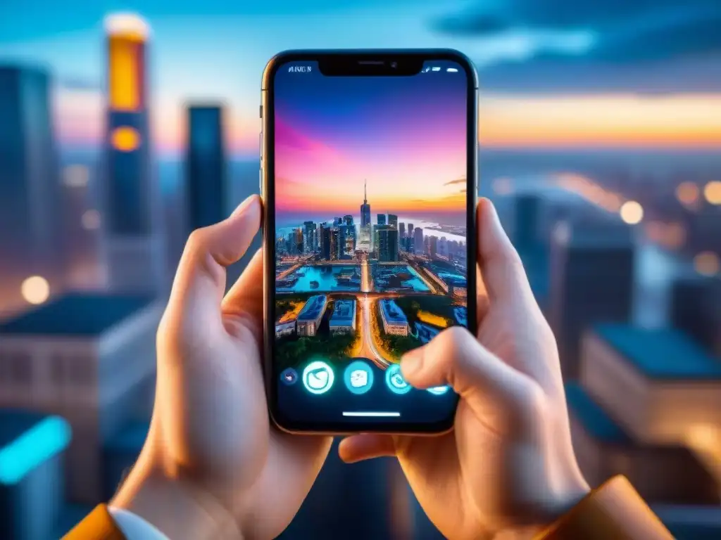 Intensa experiencia de juego en smartphone en la ciudad Mano sosteniendo smartphone con juego vibrante