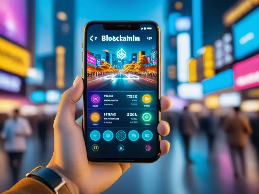 Mano sostiene smartphone con juegos blockchain