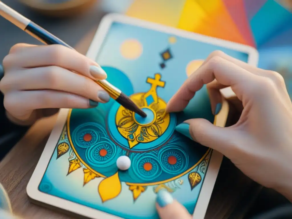 Manos de artista pintando diseños de tarot en lienzo, fusionando creatividad y simbolismo