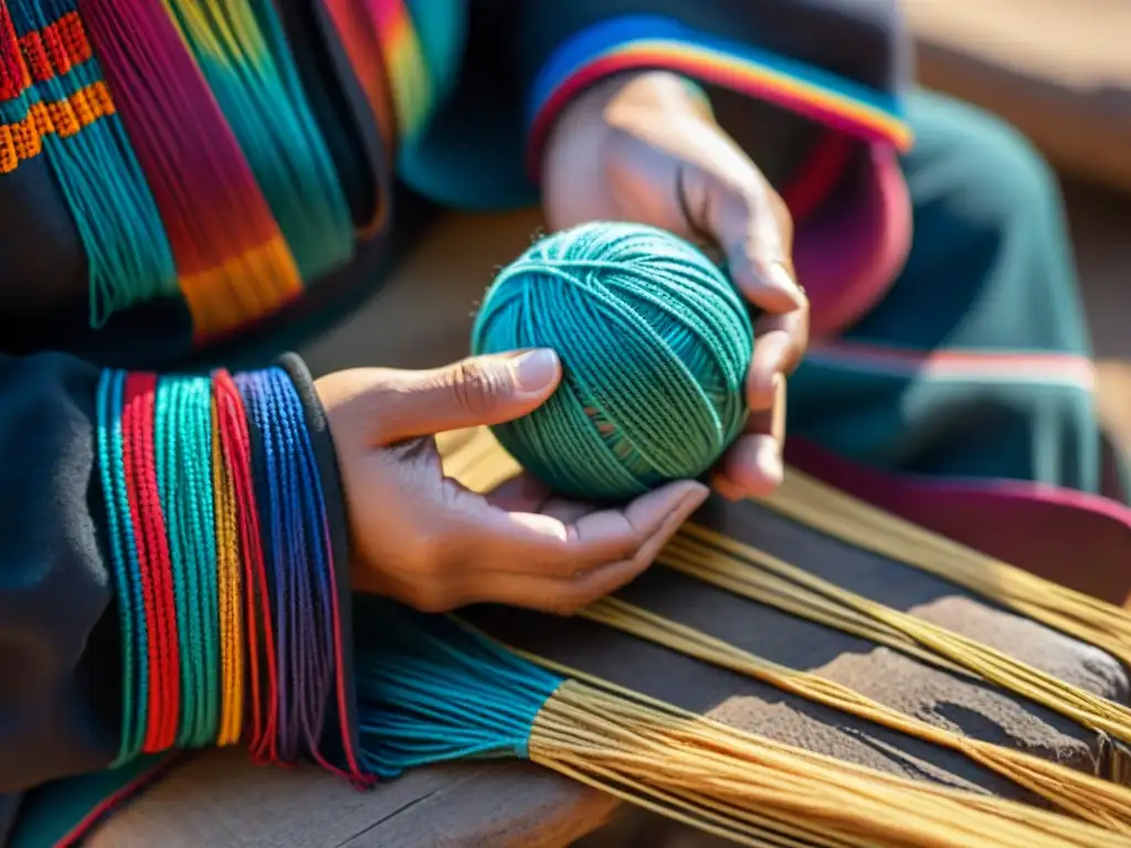 Manos de atleta Mapuche tejiendo una Chueca, destacando la artesanía y destreza en deportes autóctonos culturas globales