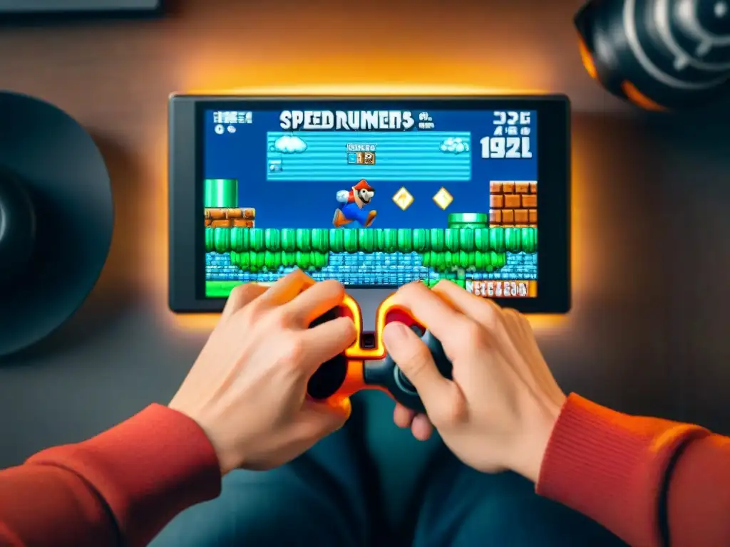 Manos concentradas en control de speedrun récord Super Mario Bros, reflejadas en la pantalla