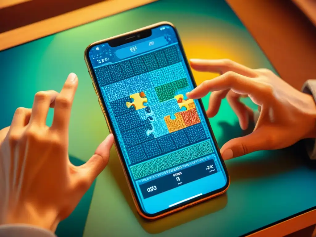 Manos concentradas resolviendo un juego de rompecabezas móvil, mostrando estrategia y destreza mental