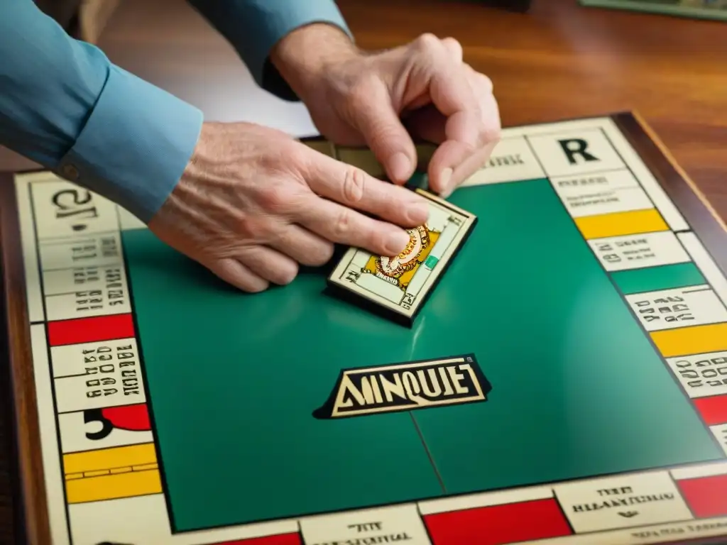 Manos restaurando con delicadeza un tablero de Monopoly antiguo del 1933