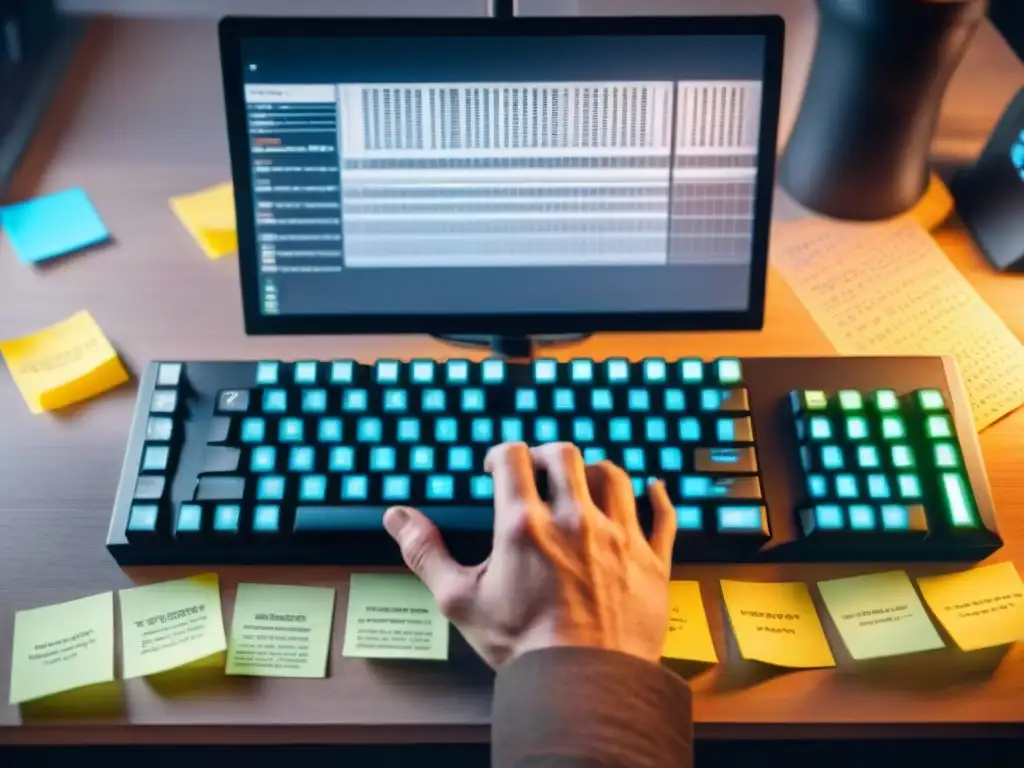 Manos de desarrollador de videojuegos tecleando frenéticamente, rodeadas de notas y código, destacando la importancia del guión en videojuegos