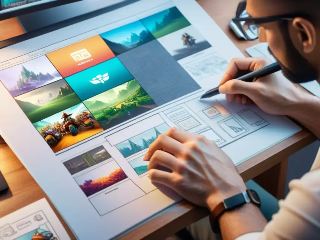 Manos de desarrollador de videojuegos creando storyboard, reflejando la fusión de arte y tecnología en la historia de los videojuegos narrativa