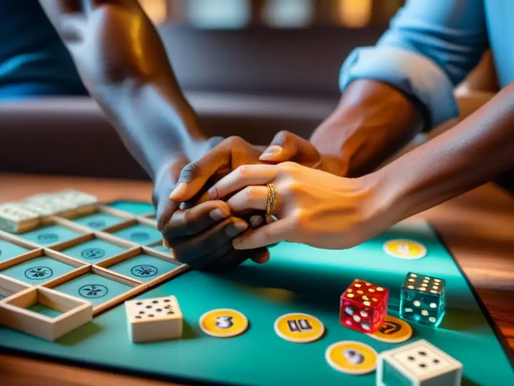 Manos entrelazadas durante juego de mesa para parejas, reflejando conexión y diversión juntos