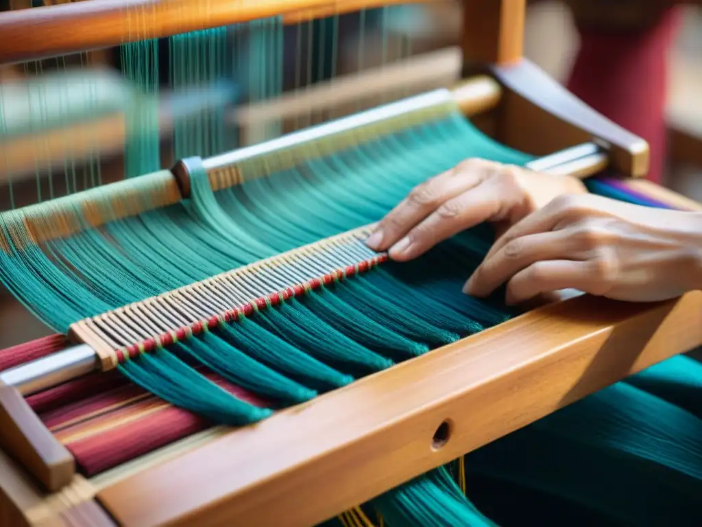 Manos expertas tejiendo coloridos hilos en telar tradicional de madera, capturando arte textil e historia en movimiento