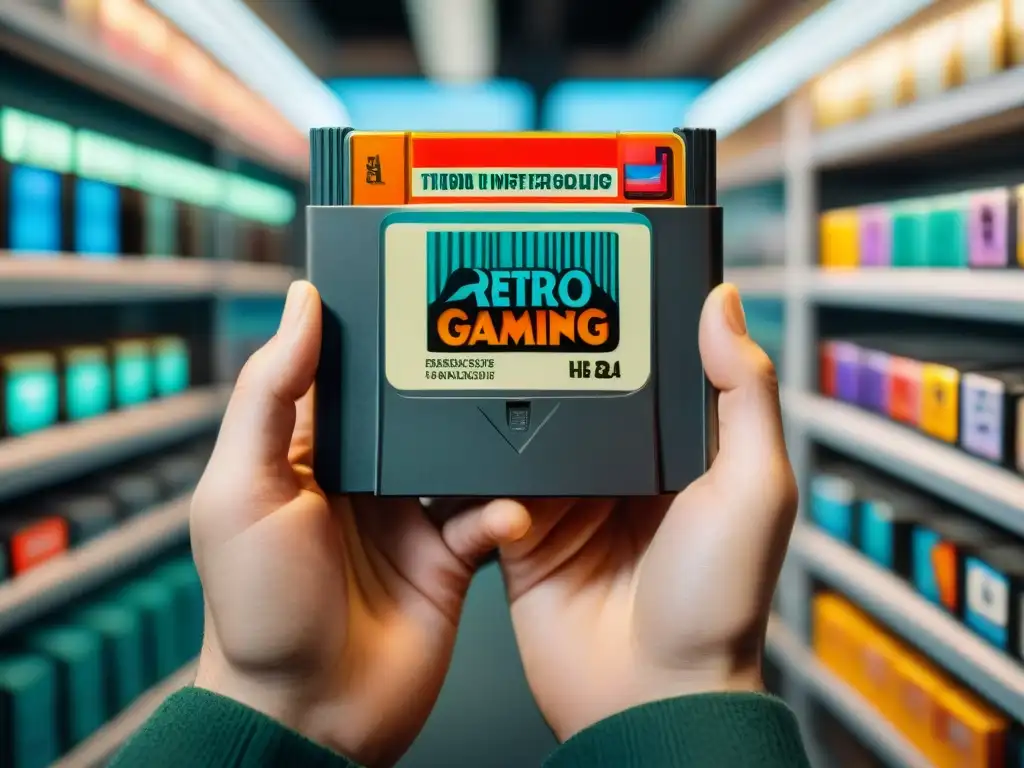 Manos expertas de desarrollador de videojuegos sostienen cartucho retro, reflejando nostalgia y maestría