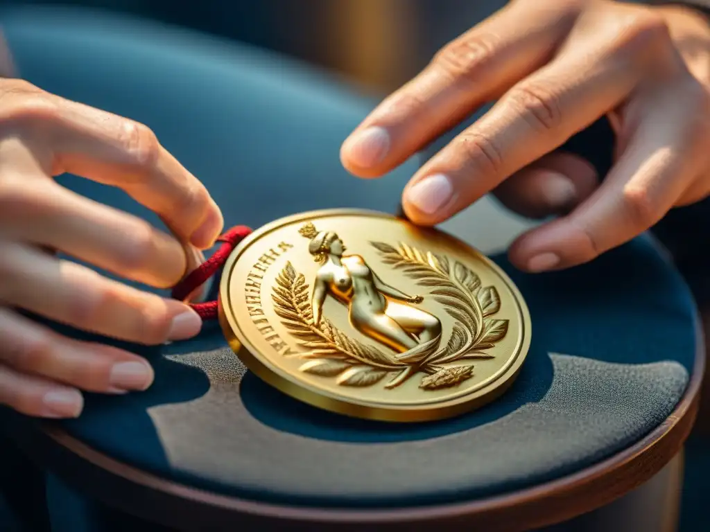 Manos expertas grabando detalles en medalla de oro, reflejando la artesanía y dedicación en la creación
