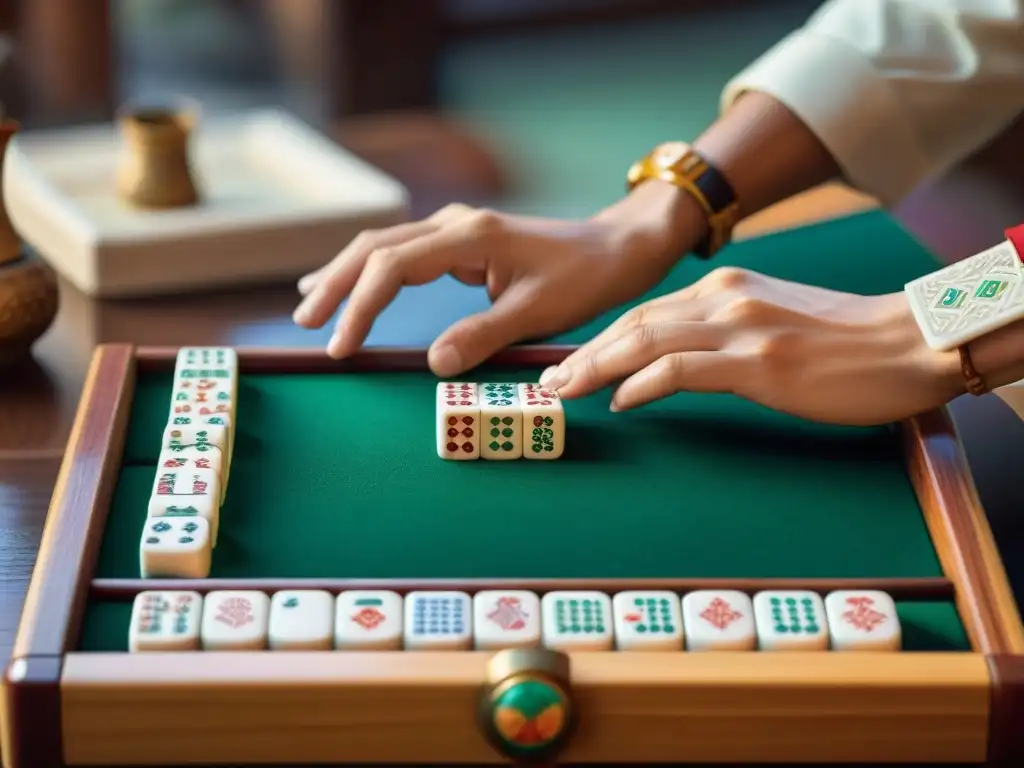 Manos expertas colocan fichas de Mahjong en mesa de madera tallada, destacando la estrategia y tradición del juego